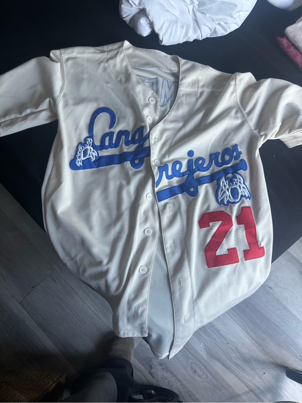Cream Men's Baseball Jersey with Blue Script and Red Number 21